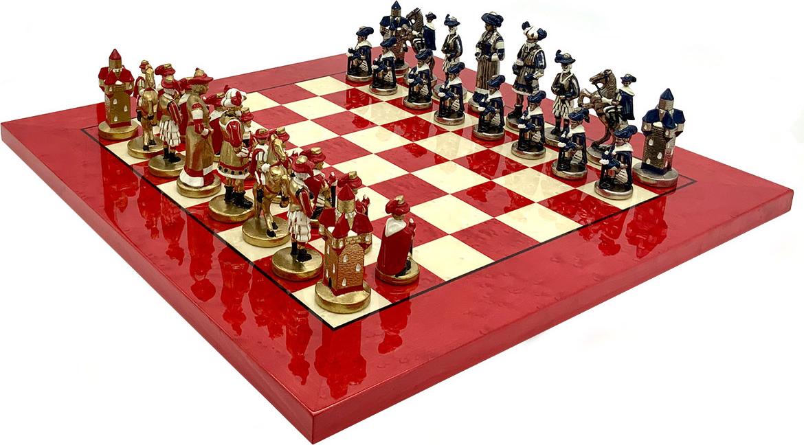 Italienische Schachfiguren Landsknecht + Schachbrett Weiss/Rot 42