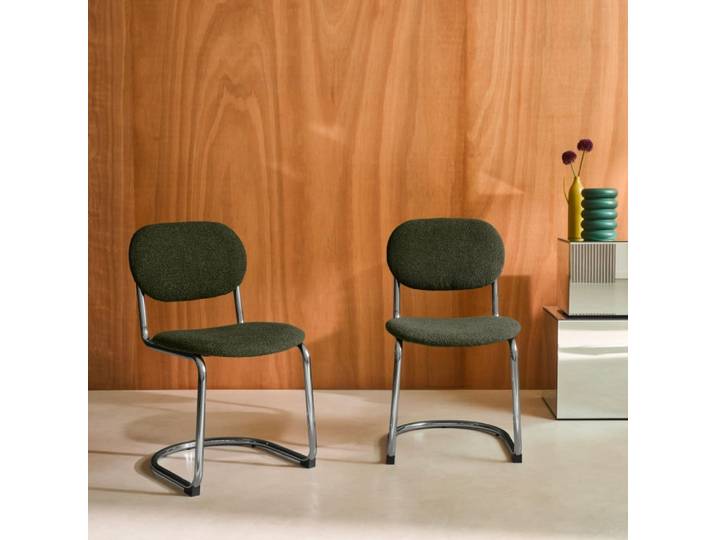 Chaise cantilever arrondie métal, bouclette texturée kaki