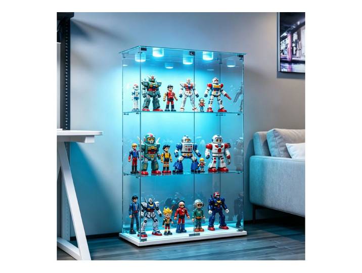 Simurq Glasvitrine Standvitrinen mit LED Beleuchtung Vitrinenschrank mit Glastür (glas vitrine mit 2 Glastür und 3 Lagen,Schloss,Kippsicherung) Sammlervitrine aus gehärtetes Glas,Modernes rahmenloses Design