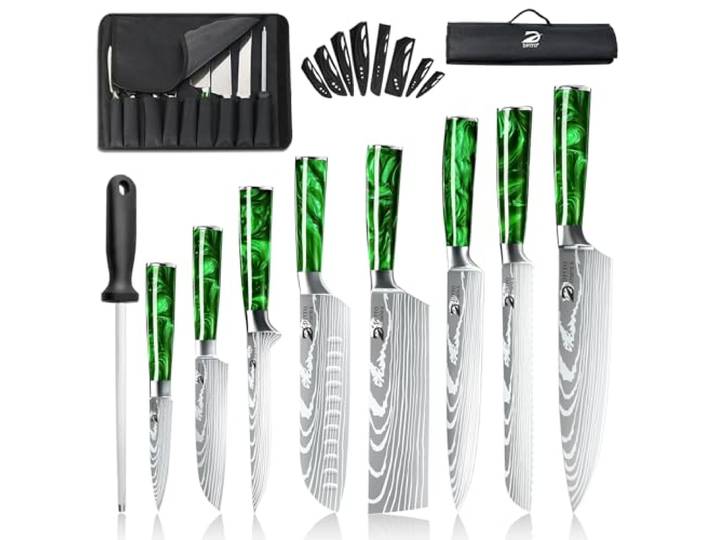 Dfito Messerset mit Nylon Rolltasche, 9-tlg Scharfe Küchenmesser Set Professionelles High Carbon Edelstahl mit Schön Harz Griff mit Kochmesser, Brotmesser, Santokumesser, Gemüsemesser, Wetzstab