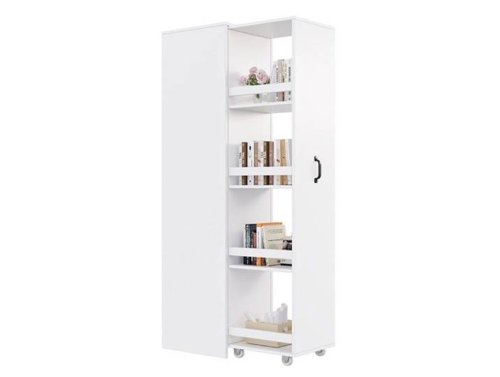 Bibliothèque Étroite Blanche 40x30x160.5cm Sur Roulettes Avec Bandes Protection Polyvalente Salon Cuisine Salle De Bain