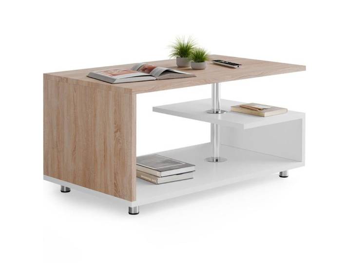 CASARIA® Table basse design 95x55x50cm blanc chêne Table de salon rectangulaire moderne 50kg avec plusieurs niveaux de rangement