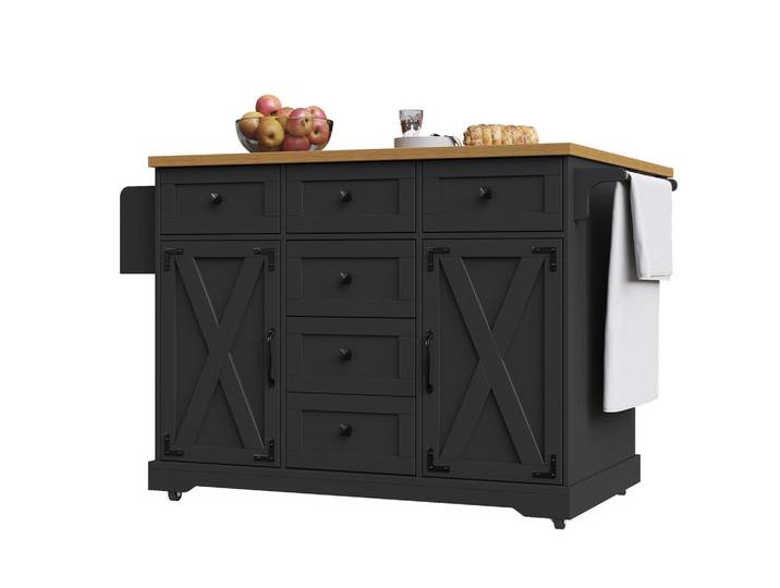 Flieks Kücheninsel Servierwagen Holzmaserung Stauraum Schwarz, Metall, 147x93x44 cm, Küchen, Küchenmöbel, Kücheninseln