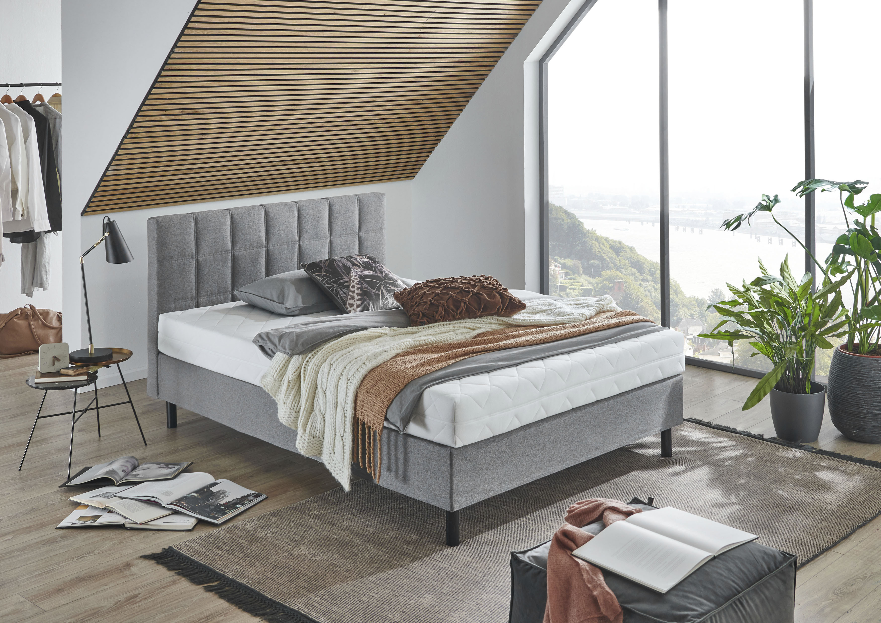 Boxbett "Nikola", grau (hellgrau), B:122cm L:210cm, ATLANTIC HOME COLLECTION, Komplettbetten, Boxbett, Massivholzfüssen, mit / ohne Matratze, in H2 und H3 erhältlich hellgrau Struktur, Liegefläche B/L: 120cm x 200cm, H2 + H2, Bonnell-Federkernmatratze