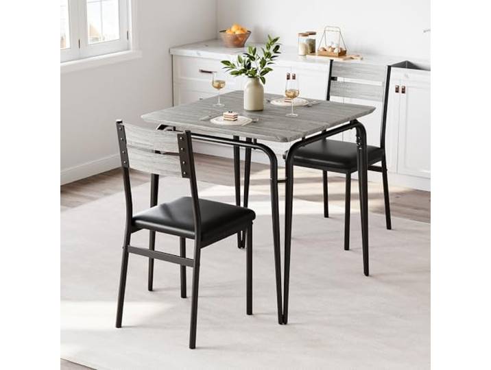 LuxFocus 3er Esszimmer Set mit MDF Tisch und Stühlen Grau Quadratische Essgruppe mit gepolsterten Sitzplätzen für kleine Küchen und Wohnungen im modernen Design