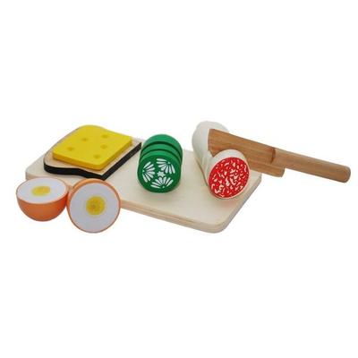 Der kleine Kaufmann - Vesperbrett zum Scheiden mit Brot, Käse, Gurke, Wurst und Messer aus Holz