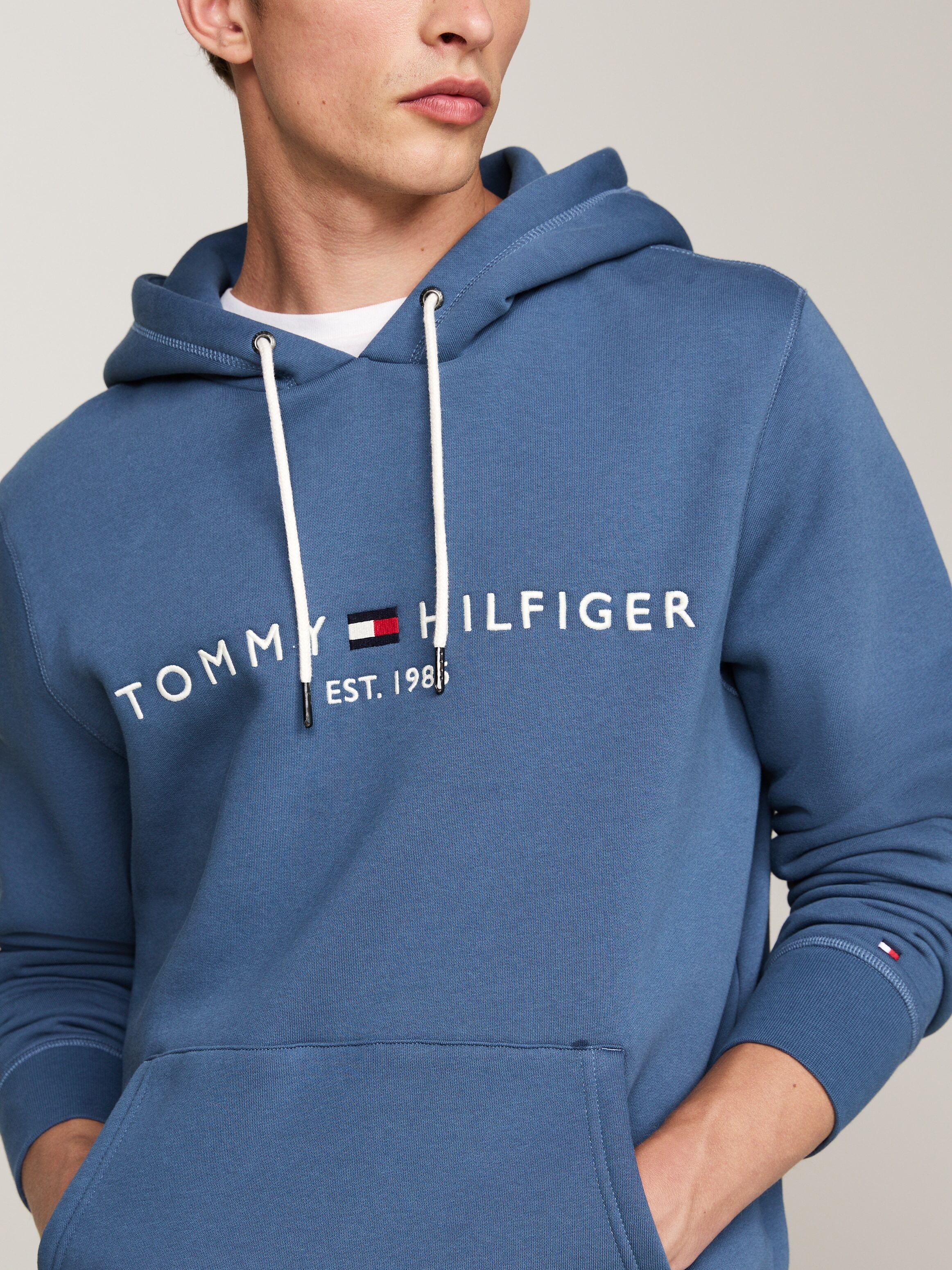 Kapuzensweatshirt TOMMY HILFIGER "TOMMY LOGO", Herren, Gr. L, blau (aegean sea), Sweatware, Obermaterial: 64% Baumwolle, 36% Polyester, bestickt, unifarben, gerade, unten schmal hüftlang, Rundhals, angesetztes Bündchen, Sweatshirts Kapuzensweatshirt, unif