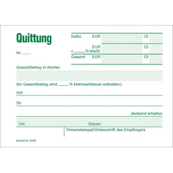 RNK-Verlag Formularbuch Quittung mit MwSt. separat ausgewiesen, mit fortlaufenden Nummern DIN A6 quer 50 Seiten