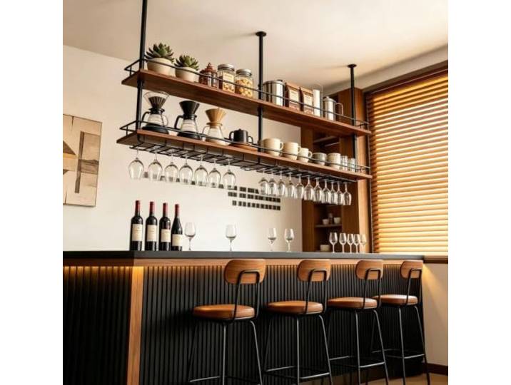 Gaommini Schweberegale aus Holz, Deckenregal mit Metallrahmen aus Eisen Bücherregal, Küche, Gewürzregal, Weinhalter für Bar, Wohnzimmer, Blumenladen, Blumenständer(120x30x80cm)