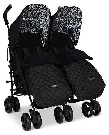 Supa Dupa Doppelbuggy - Kinderwagen ab Geburt bis 25kg. Leicht, kompakt faltbar, mit Fußsäcken, Getränkehalter & Regenschutz (Silhouette)