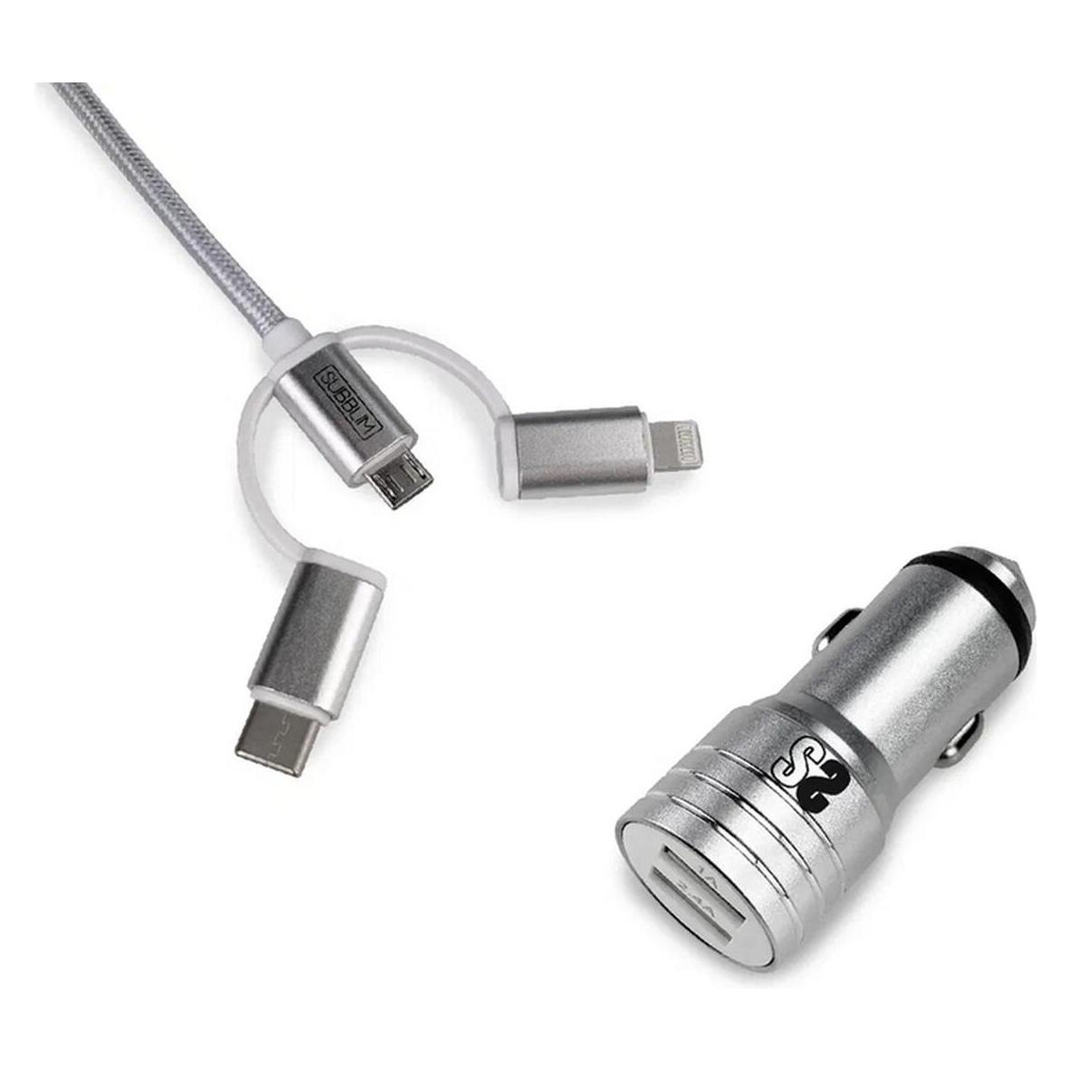 Subblim Cargador Coche Alum 2.4a Cable 3 In1 Silver (SUB-CHG-4CC001)