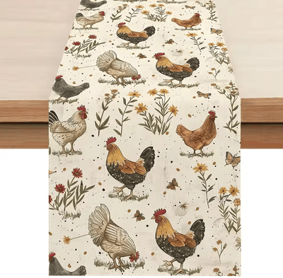 Inspire Curations Vintage Rooster Floral Linen Table Runner Rustic Farmhouse Bird Dining Decor 01 180x33cm 70.8x13inch