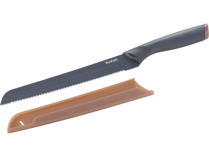 Brotmesser TEFAL Fresh Kitchen , grau, braun, Klingenlänge 20cm, Edelstahl, Kunststoff, Kochmesser, Brotmesser, 20 cm, Klingen aus rostfreiem Stahl, Titan-Versiegelung, Klingenschutz