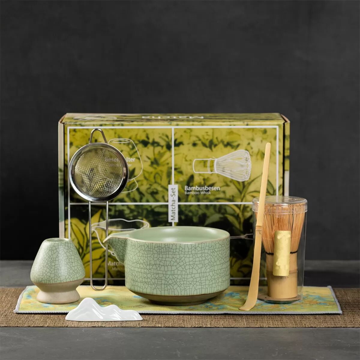 INF Matcha-Set – 7-teiliges Kaolin Matcha-Schalen-Set mit Rissglasur, Bambus-Chasen, Chashaku und feinem Sieb Grün