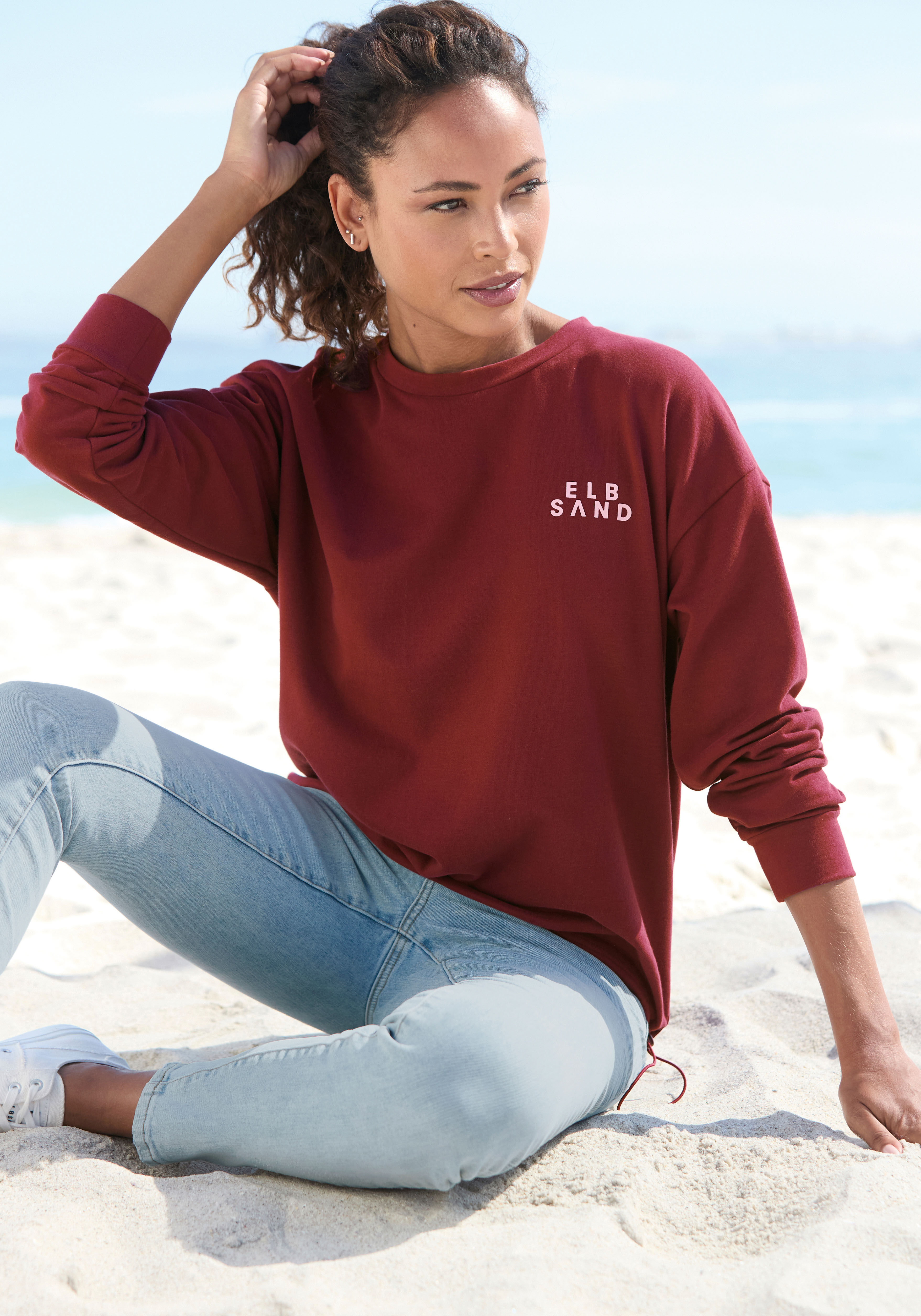 Sweatshirt ELBSAND "Carisa", Damen, Gr. XXL (44), rot (weinrot), Sweatware, Obermaterial: 95% Baumwolle, 5% Elasthan, unifarben, figurumspielend hüftlang, Rundhals, Sweatshirts Sweatshirt, mit verstellbarem Gummizug am Saum, lockere Passform, casual-sport