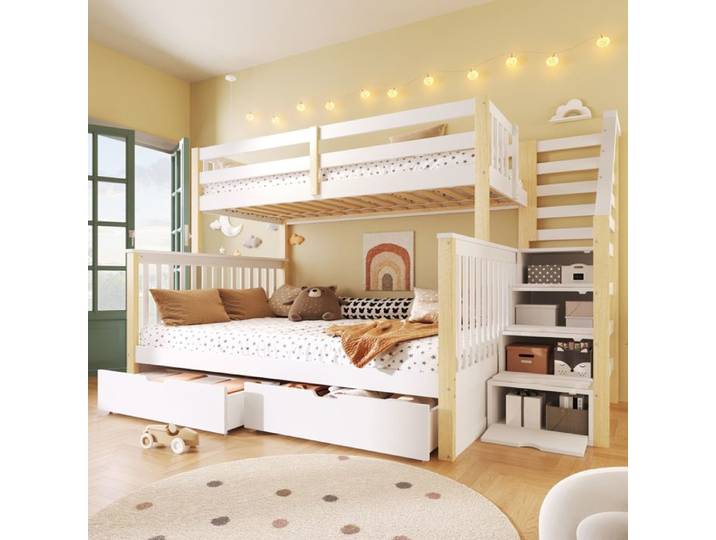 Lit Superposé Enfant 90x200+140x200 cm avec Tiroirs Rangement et Lit Multifonction - Blanc et Naturel