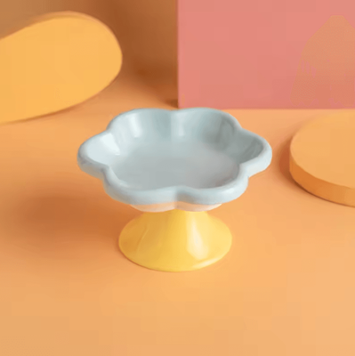Inspire Curations BloomPet Elevated Ceramic Flower Cat Bowl With Stand blue