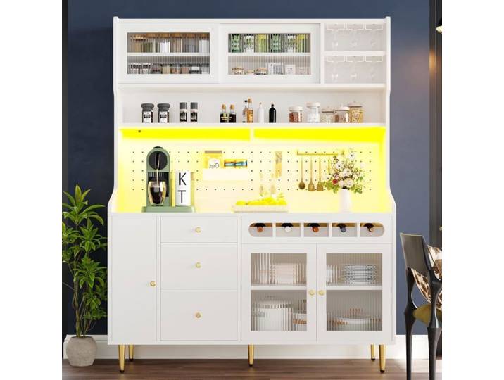 Buffet-Armoires Cuisine-Haut Vaisselier avec Plans de Travail et 3 Tiroirs-Étagères Réglables-2 Portes Coulissante-Blanc