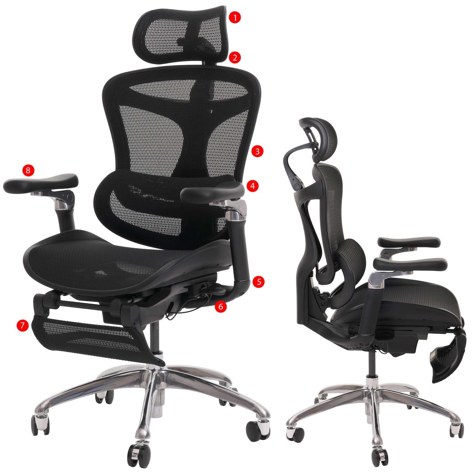 Bürostuhl MCW-N54, Schreibtischstuhl Drehstuhl, ergonomisch, Lordosenstütze Fußstütze 6D-verstellbare Armlehnen schwarz