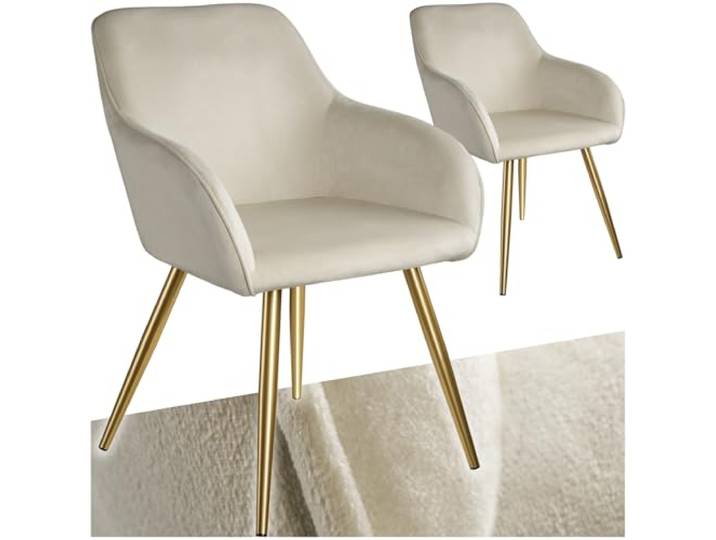 tectake® Esszimmerstühle mit Armlehne, Stuhl, Samt Polster Stühle, Möbel für Esstisch, Schminktisch, Wohnzimmer, Esszimmer, Arbeitszimmer, ergonomischer Dining Chair - créme/Gold, 2er Set