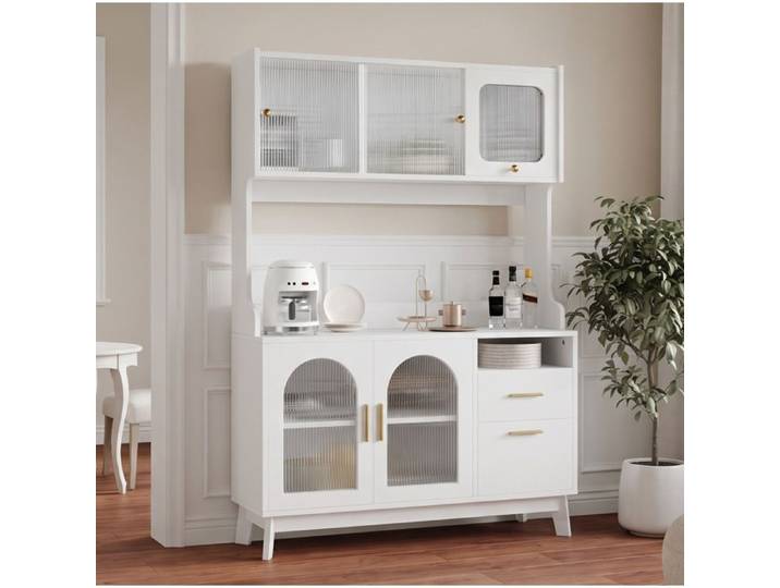 Buffet Haut Blanc 120cm Vitrine Moderne FloraGrace Pour Cuisine Prises Et USB Integres 120x40x178cm