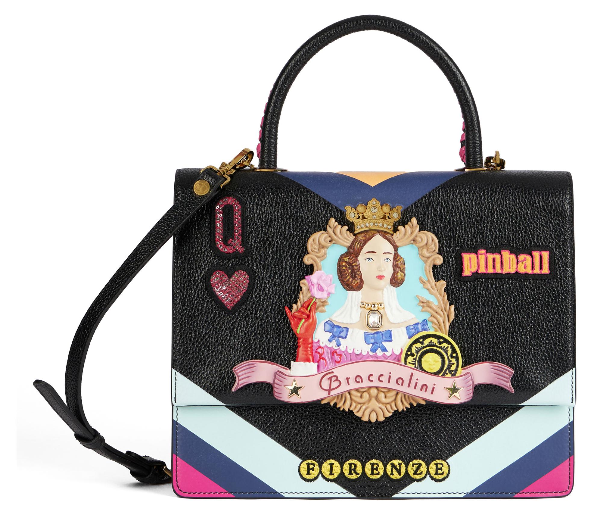 BRACCIALINI Handtasche Audrey Regina Di Cuori Kalbsleder Herzkönigin 3D-Druck Geflechtgriff abnehmbarer Schultergurt