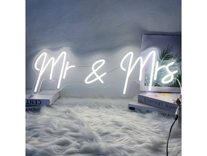 Grande enseigne lumineuse LED 'Mr & Mrs' pour mariage, fiançailles, fête de la Saint-Valentin, décoration murale - Éclairage intérieur vibrant