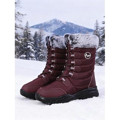 Burgunderrote Damen-Winterstiefel mit Kunstfellbesatz, wadenlang, wasserdicht, isoliert, für den Außenbereich, zum Wandern und Skifahren kaltes Wetter