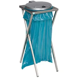 PROREGAL Robuster Scherenständer mit Klemmring | für 120 Liter Sack | HxBxT 90x40x45cm | Edelstahl | Silber Deckel | Mülleimer Müllsackständer