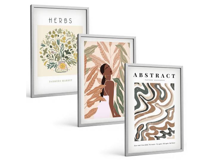 Tulup Bilder SET 3er Set - 40x60 cm Silberner Rahmen - Boho-Pastell-Minimalisten-Poster, Silberfarben, Kunststoff, Rechteckig, 40x60 cm, gerahmt, Bilder & Rahmen, Bilder