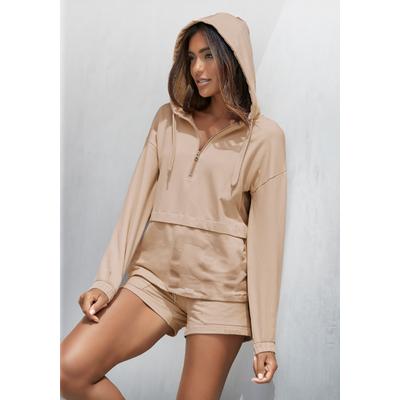 Hoodie BENCH. LOUNGEWEAR, Damen, Gr. 44/46, beige, angeraute Sweatware, Obermaterial: 95% Baumwolle, 5% Elasthan. Kapuzenfutter: 100% Baumwolle, unifarben, Basic, Sweatshirts Hoodie, mit Reißverschluss, Loungewear, Loungeanzug