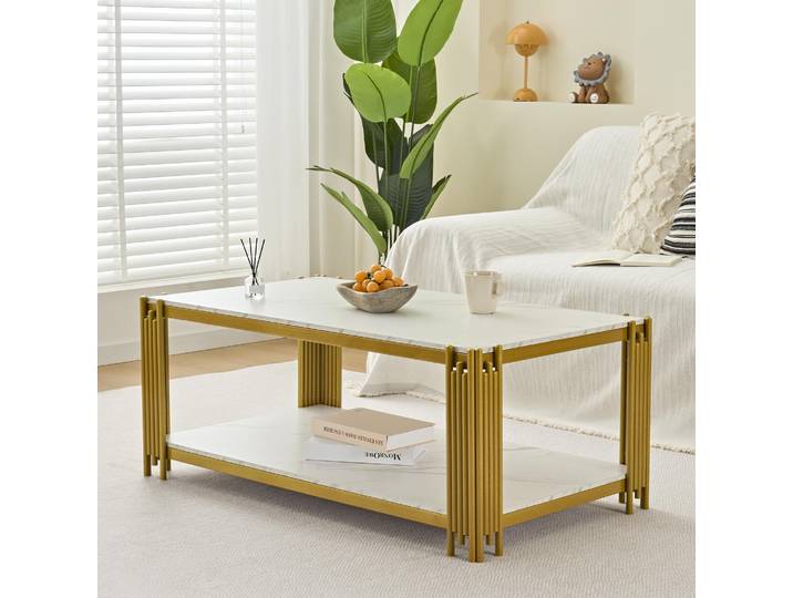 okwish Couchtisch Marmoroptik Glatte Oberfläche Metallbeine Zwei Ablagen Stauraum Wohnzimmer MDF Gold+Weiß
