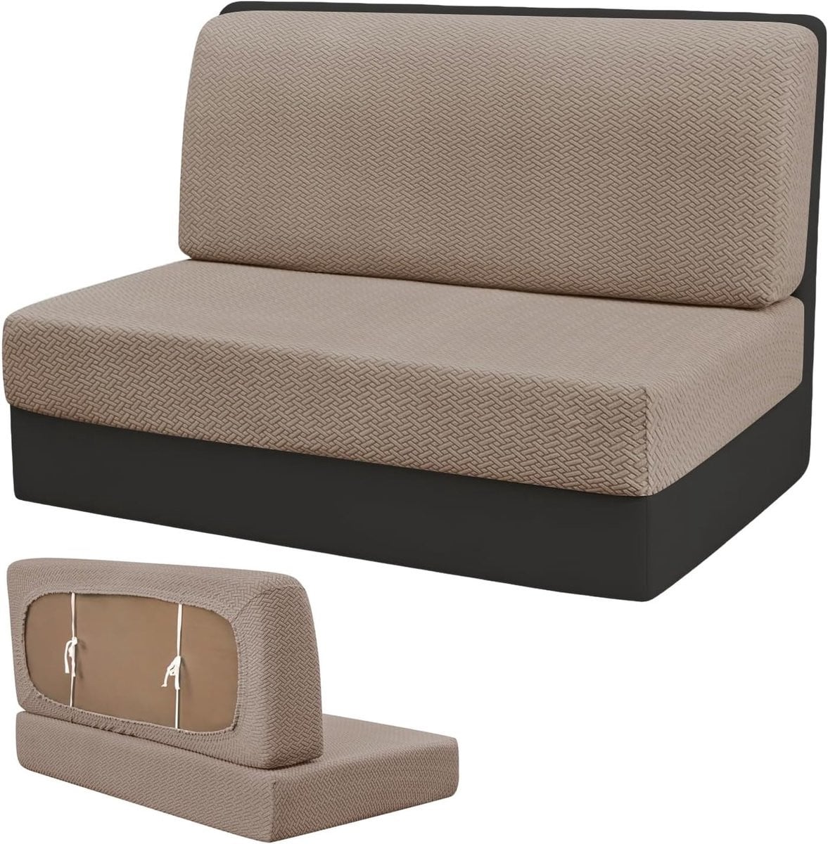 Set van 2 wasbare Jacquard stoelhoezen met elastische band voor caravankussens, Kaki
