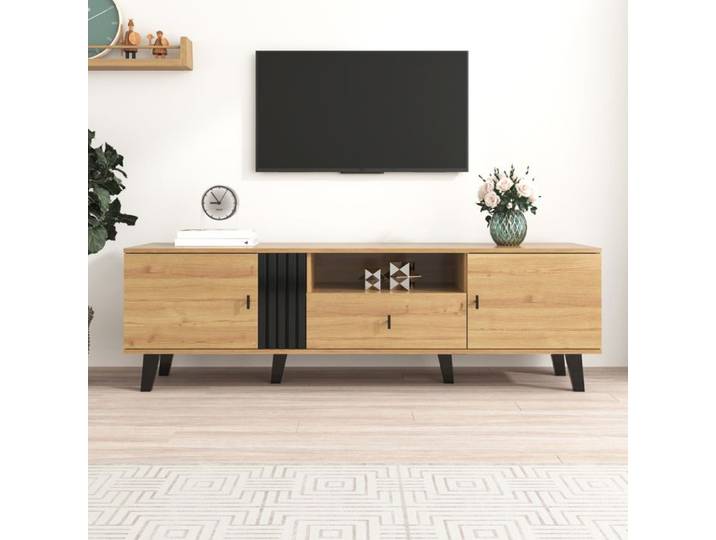 Meuble TV - Merax - Bois et Noir - 170 x 40 cm - Portes - Tiroir et Étagères - Meuble Bas pour Salon