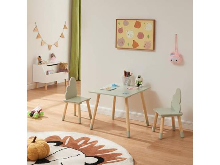[en.casa] Kindertisch mit 2 Stühlen Hovle Spieltisch Kinderstühle mit Rückenlehne in Wolken-Form Kindersitzgruppe Kindermöbel Maltisch für Kinder Holz Mintgrün