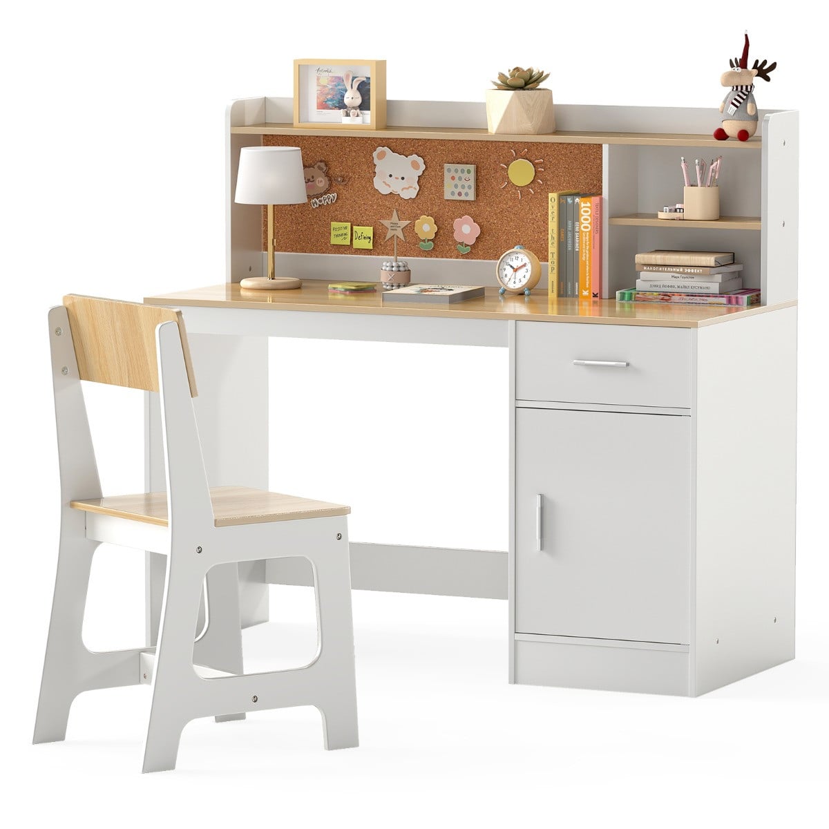 Costway Kindertafel en Stoel Set van Hout met Planken en Lade in Natuur