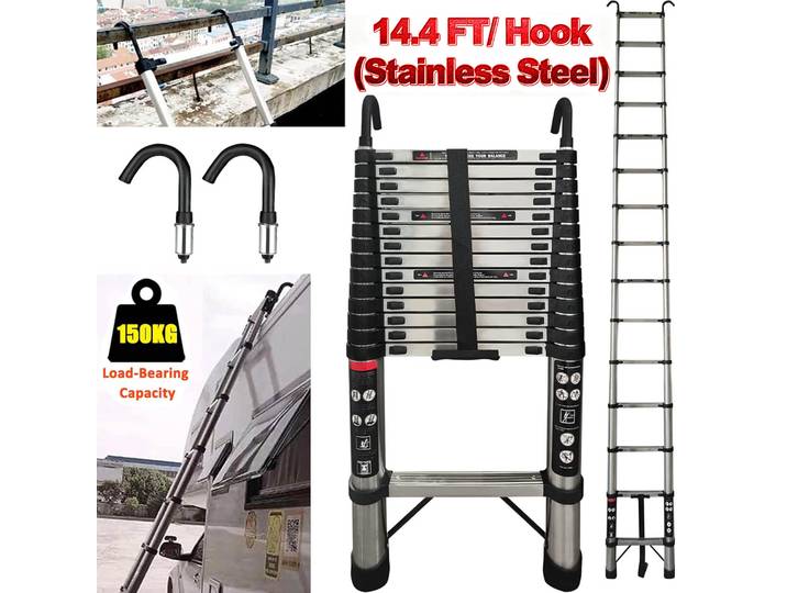 Échelle télescopique 4M/14.4FT en acier inoxydable avec crochets détachables, capacité maximale de 150KG, portable