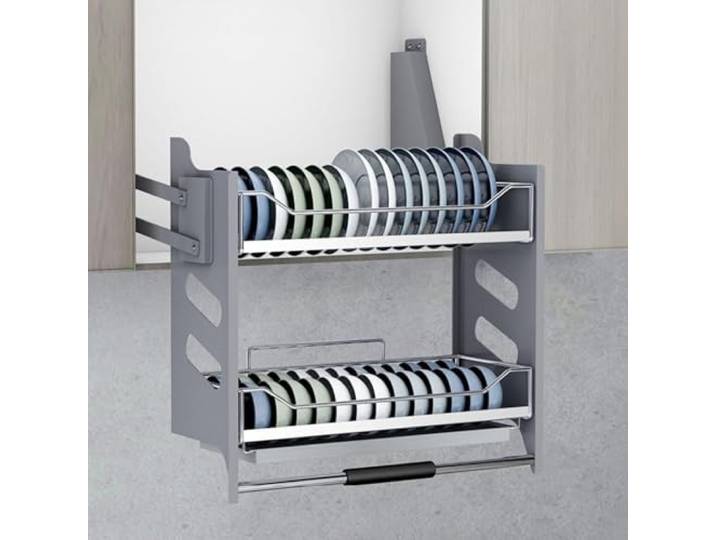 Multifunktionales Heben Herunterziehbarer, zusammenklappbarer Schrank-Organizer, 2 Ebenen, an der Wand montierter Lagerschrank, unter dem Regal, Gewürzregal, Küchenschrank, herunterziehbares Regal(22.