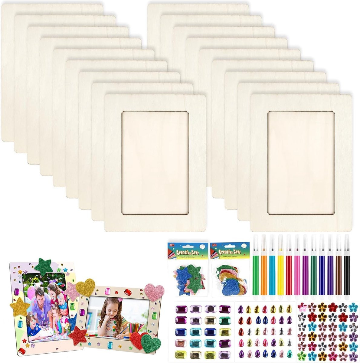 Set van 10 houten fotolijsten voor creatieve knutselsets inclusief decoratie