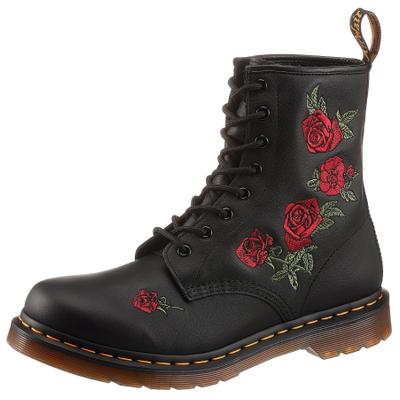 Schnürboots DR. MARTENS "Vonda", Damen, Gr. 36, Textil, schwarz (schwarz, rot geblümt), Leder, geblümt, Schuhe Schnürboots, Blockabsatz,Schnürschuh,Stiefelette, Blüten-Stickerei - schmale Form