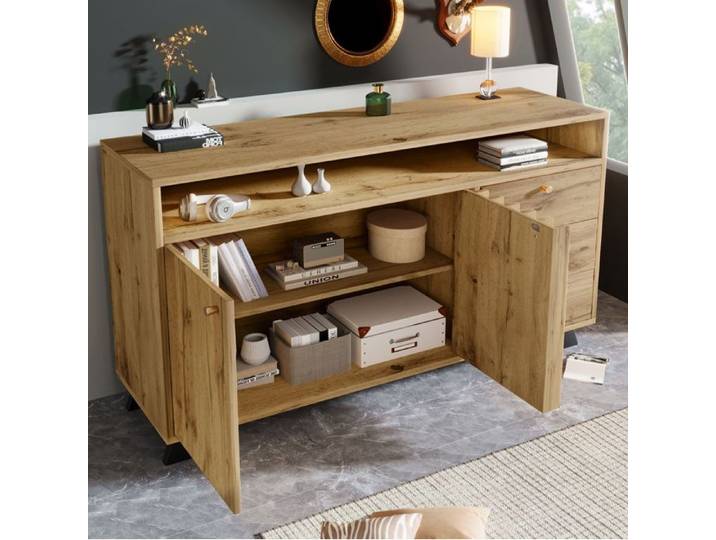 Buffet bas vintage AESVAR 120 x 40 x 85 cm 3 tiroirs 2 portes niche ouverte chêne foncé