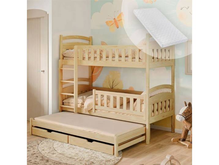 Lit superposé 90x200 avec lit gigogne - Avec trois matelas INCLUS - Lit superposé convertible - 3 lits simples - Blanc