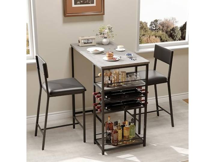 IDEALHOUSE 3-TLG. Bartisch-Set für 2 Personen Bar Table mit 4 Ablagen 2 offenen Regalen, Becherhalter Weinregal, 2 Hocker (PU-Leder), platzsparend, Industrial-Stil, Grau