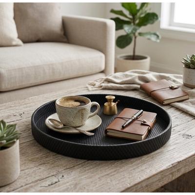 Cheungs "Tamsin 14.5"" Round Decorative Serving Tray - Wicker Weave Pattern for Display, and Organization"