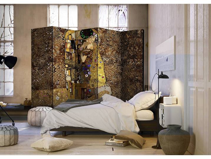 Paravent Golden Kiss Akustik Vlies auf Massivholz Gold 225 x 172cm