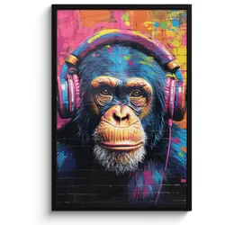 POSTER MIT RAHMEN Graffiti - Schimpanse - Straßenkunst - Kopfhörer - Affe 60x90 cm