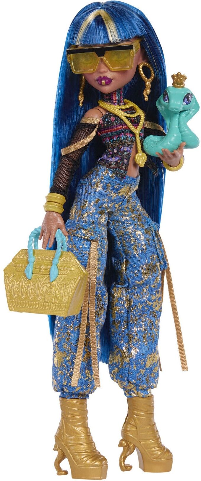 Mattel Monster High Cleo De Nile Fashion Doll with Hissette and 7 Accessories for Kids, Blue, Fully Articulated