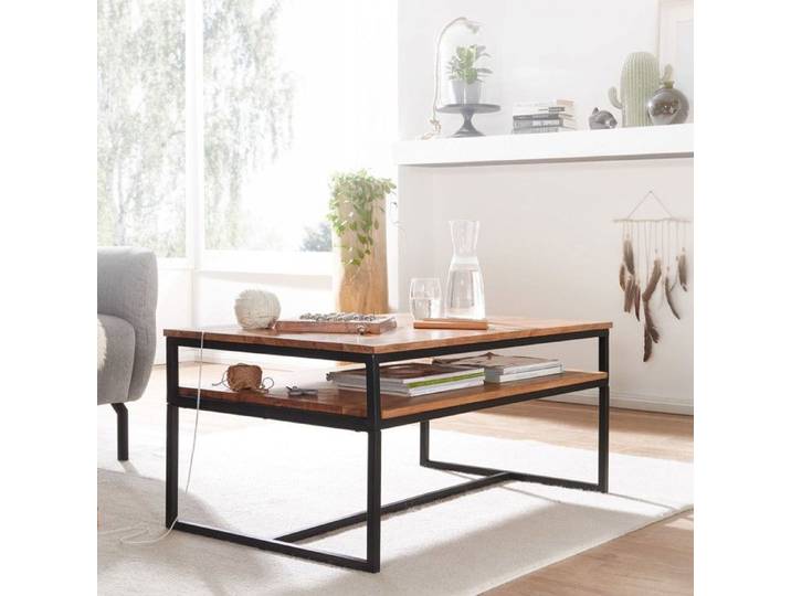 WOHNLING Table Basse 100x60x45 cm Bois Massif Acacia Métal avec Rangement