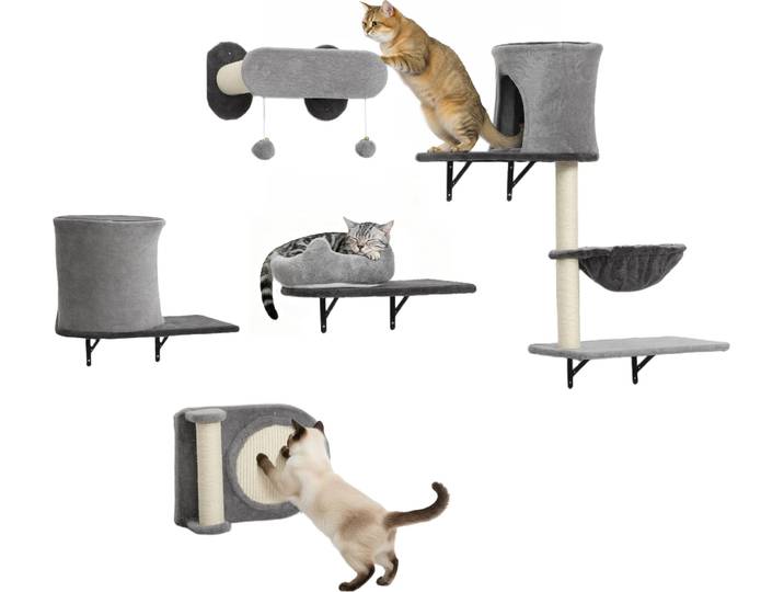 PawHut Étagères murales pour chat\, 5 pièces\, ensemble de meubles\, arbre à chat mural\, avec 2 niches\, hamac\, plateformes\, griffoirs en sisal pour chatons d'intérieur jusqu'à 5 kg\, gris