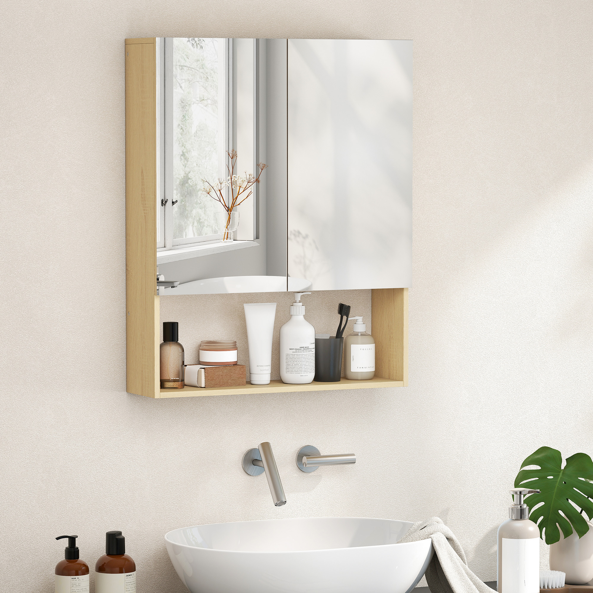 Homcom Armadietto bagno con specchio e mensola aperta, Montaggio a parete, MDF, Truciolato, Rovere   Aosom Italy